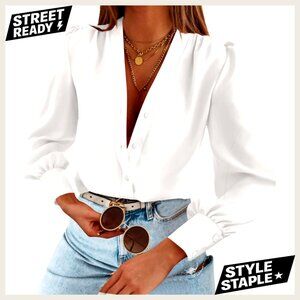 Long Sleeve V Neck Button Down Chiffon Blouse Business Casual Top